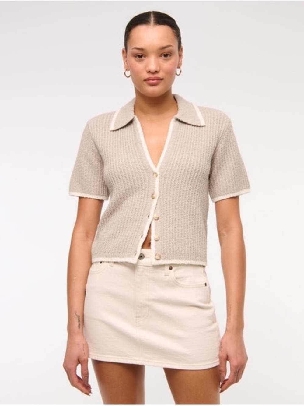 Abercrombie & Fitch Beige Short-Sleeve Knit Button-Up Top
